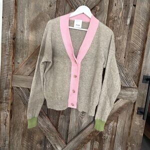 ALLUDE PINK CASHMERE SWEATER CARDIGAN COLOR BLOCK XL